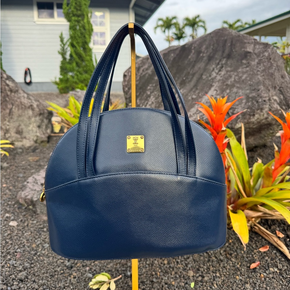 MCM Vintage Navy Leather Dome Satchel Bag Gold Hardware Munchen